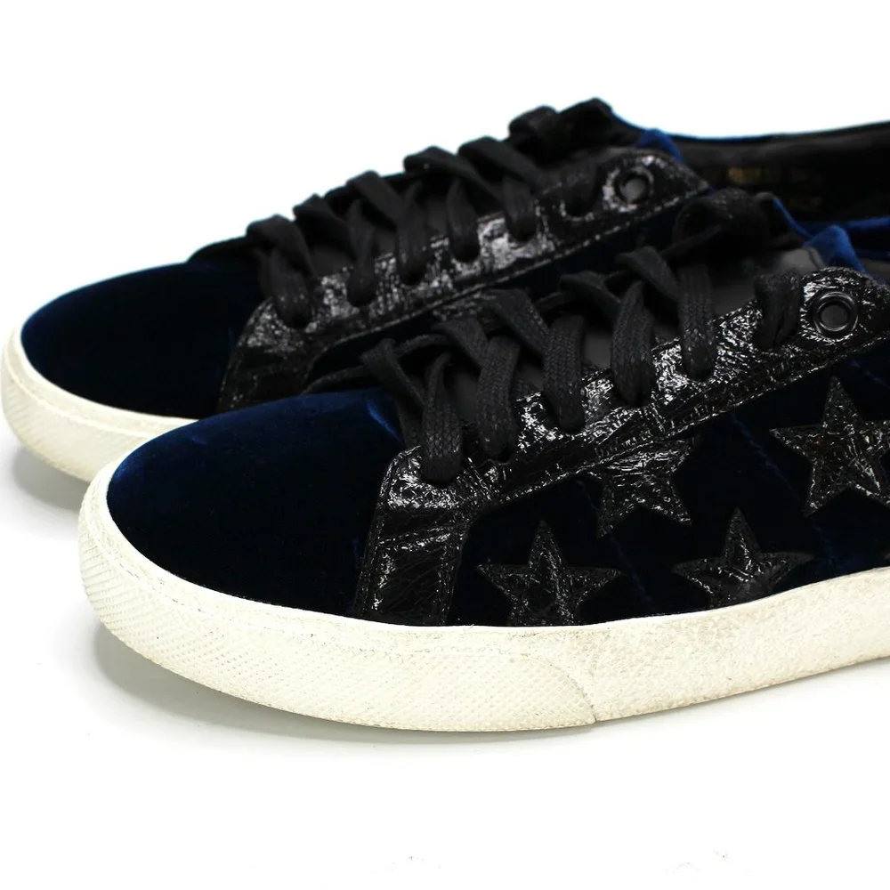Saint Laurent Court Blue Velvet Black Leather Star Low Top Sneakers 38.5 YSL